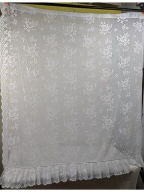 Sheer Lacey Curtain Panels (2) White 60" x 62" Polyester Floral Ruffle